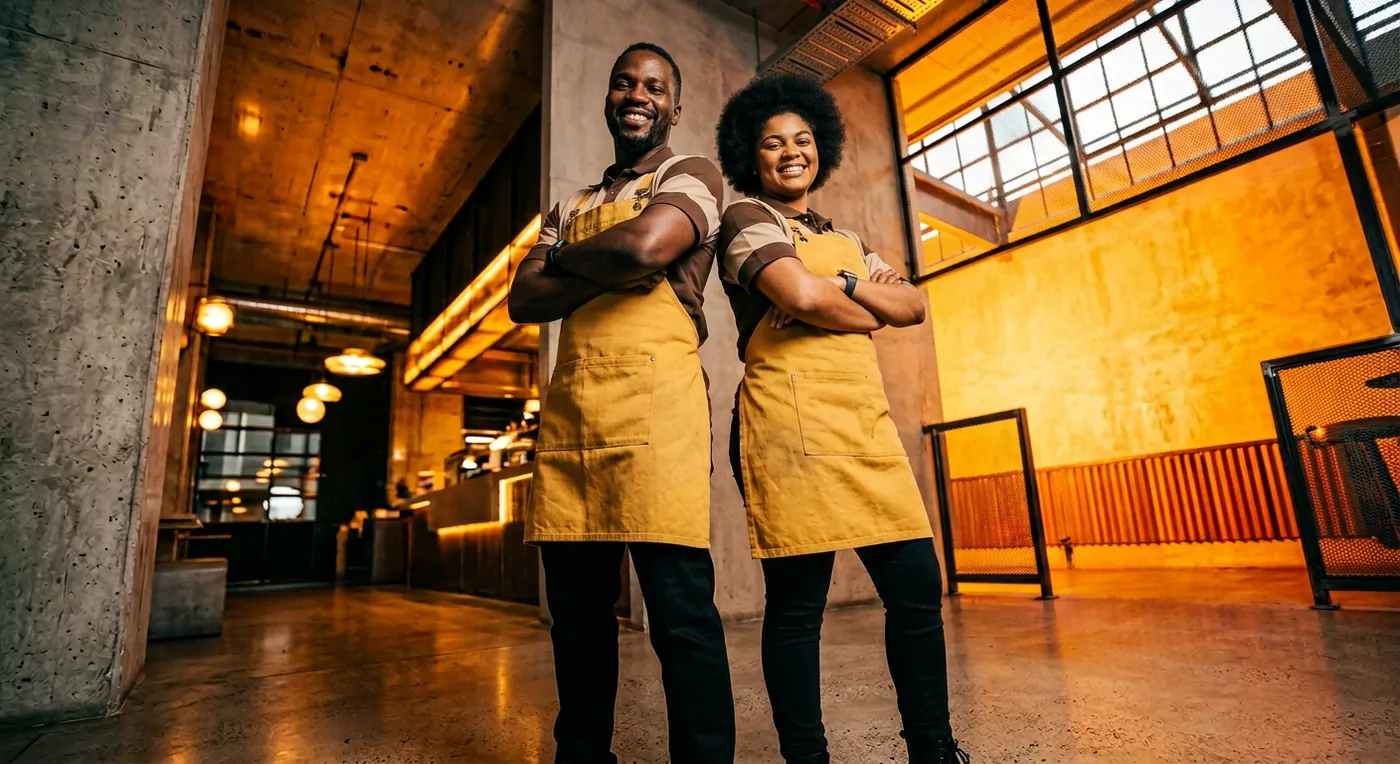 Lucas et Mia, fondateurs de Bouchée Double, en tablier dans le restaurant