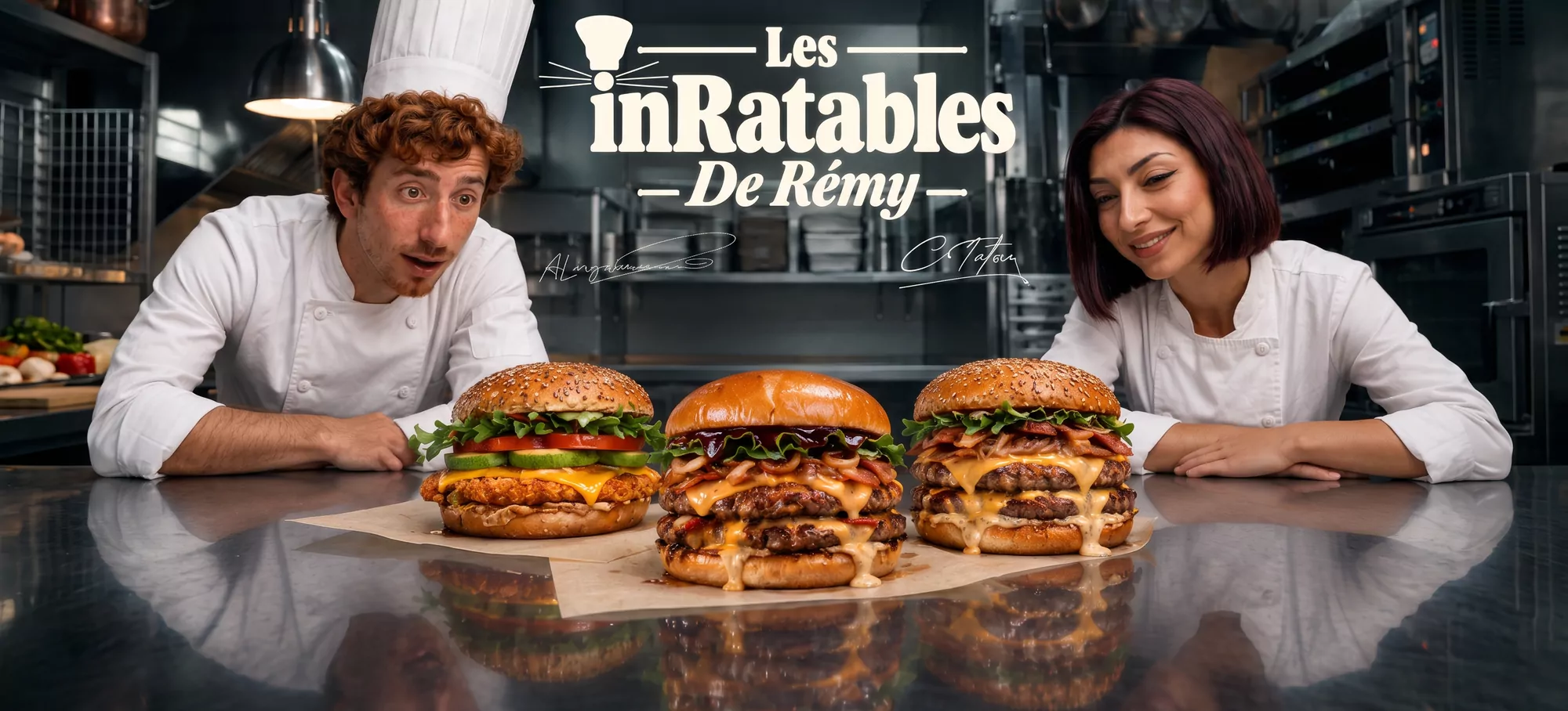 Les inRATables de Rémy : deux chefs penchés sur trois burgers géants posés sur un plan de travail en inox