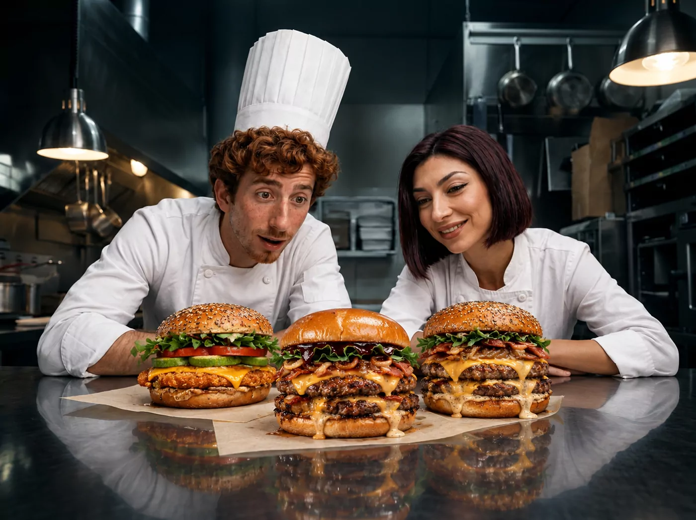 Les deux chefs de la campagne observent trois burgers géants dans une cuisine professionnelle